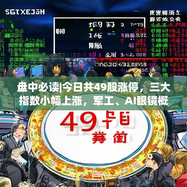 盘中必读|今日共49股涨停，三大指数小幅上涨，军工、AI眼镜概念领涨